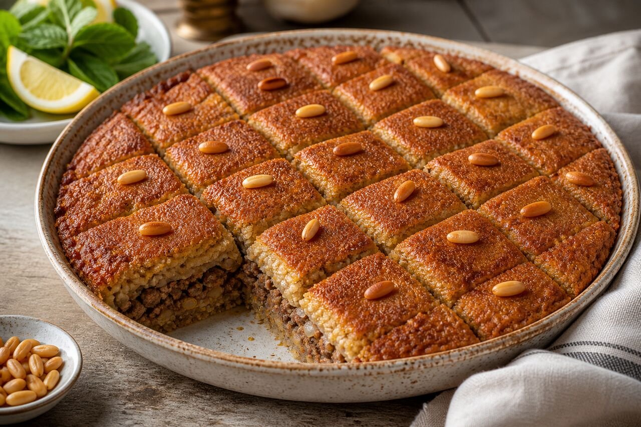 Lebanese baked Kibbeh bil Sanieh cut into diamond pieces with pine nuts.