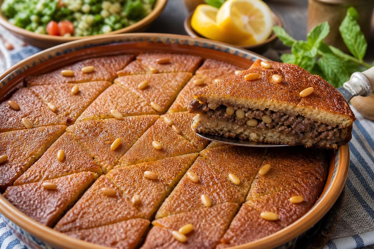 A close serving of Lebanese baked kibbeh with spiced lamb, bulgur, pine nuts, and lemon.