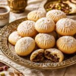 Patterned Lebanese maamoul date cookies arranged on a brass tray with coffee and pistachios.