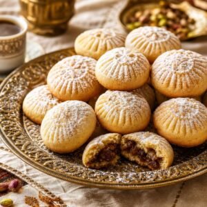 Patterned Lebanese maamoul date cookies arranged on a brass tray with coffee and pistachios.