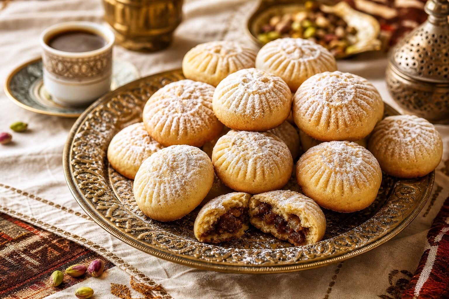 Patterned Lebanese maamoul date cookies arranged on a brass tray with coffee and pistachios.