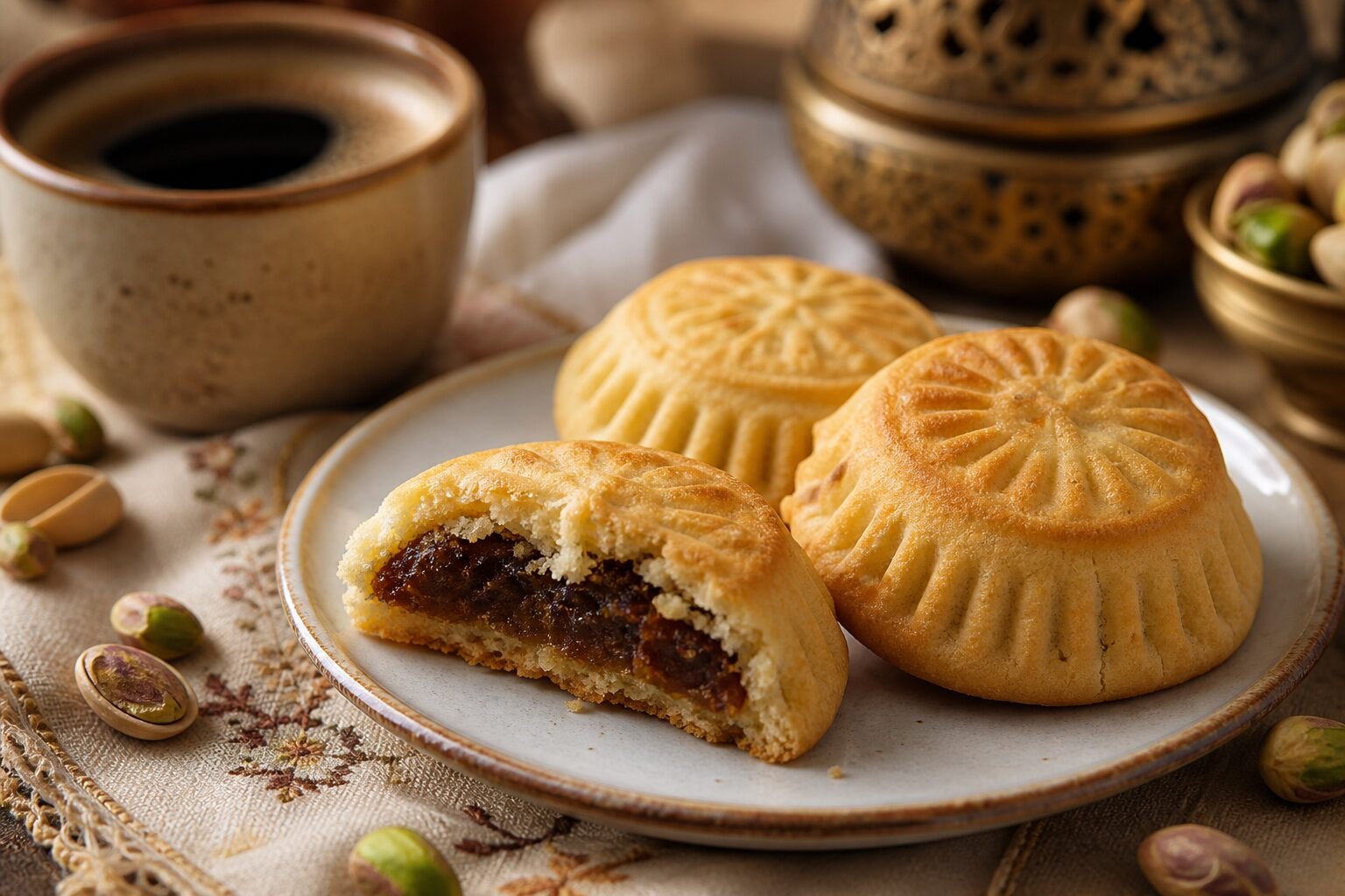 Lebanese maamoul cookies on a plate, with one broken open to show the date filling beside coffee.