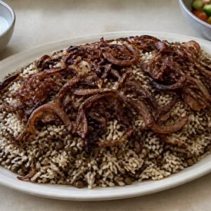 Lebanese lentils and rice topped with deeply caramelized onions.