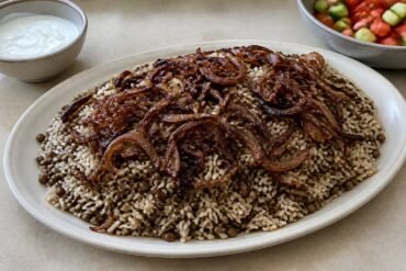Lebanese lentils and rice topped with deeply caramelized onions.