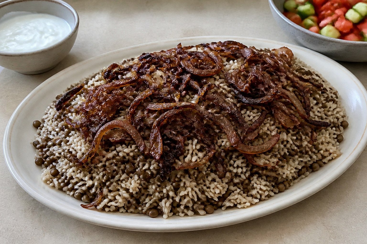 Lebanese lentils and rice topped with deeply caramelized onions.