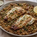 Lebanese sayadieh with white fish, caramelized onion rice, pine nuts, parsley, and lemon.