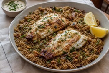 Lebanese sayadieh with white fish, caramelized onion rice, pine nuts, parsley, and lemon.