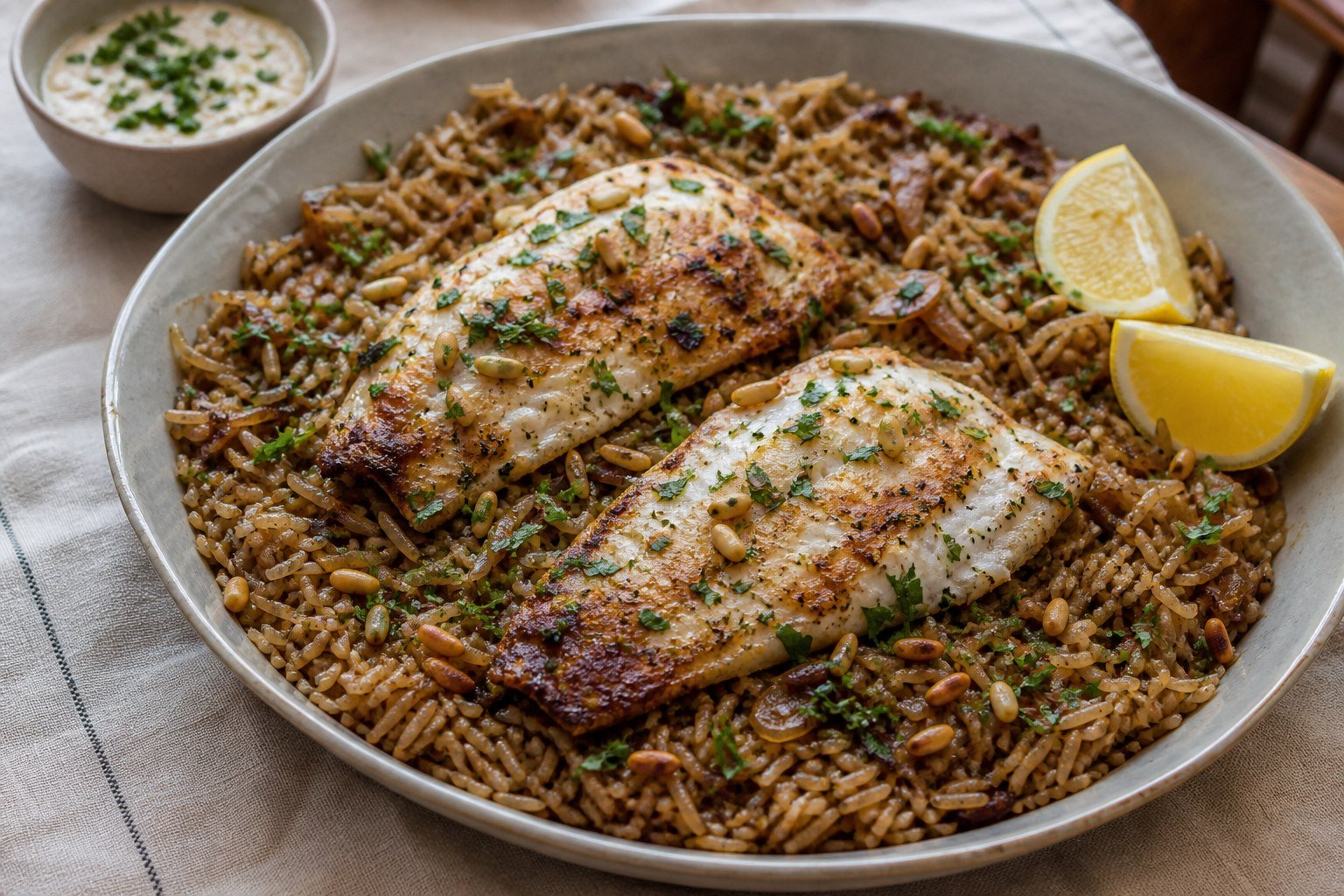 Lebanese sayadieh with white fish, caramelized onion rice, pine nuts, parsley, and lemon.