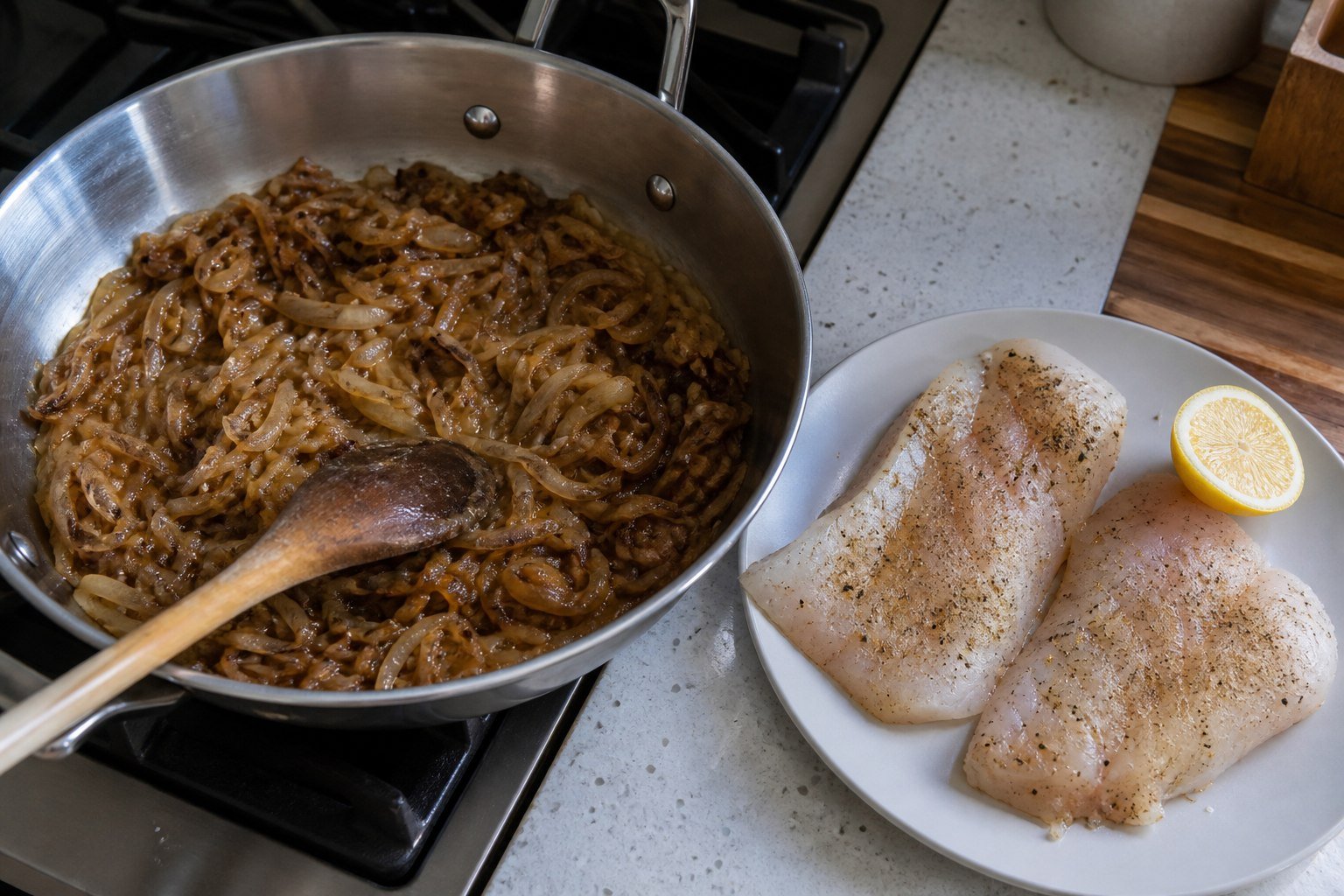 Caramelized onions and seasoned raw fish prepared for Lebanese sayadieh.