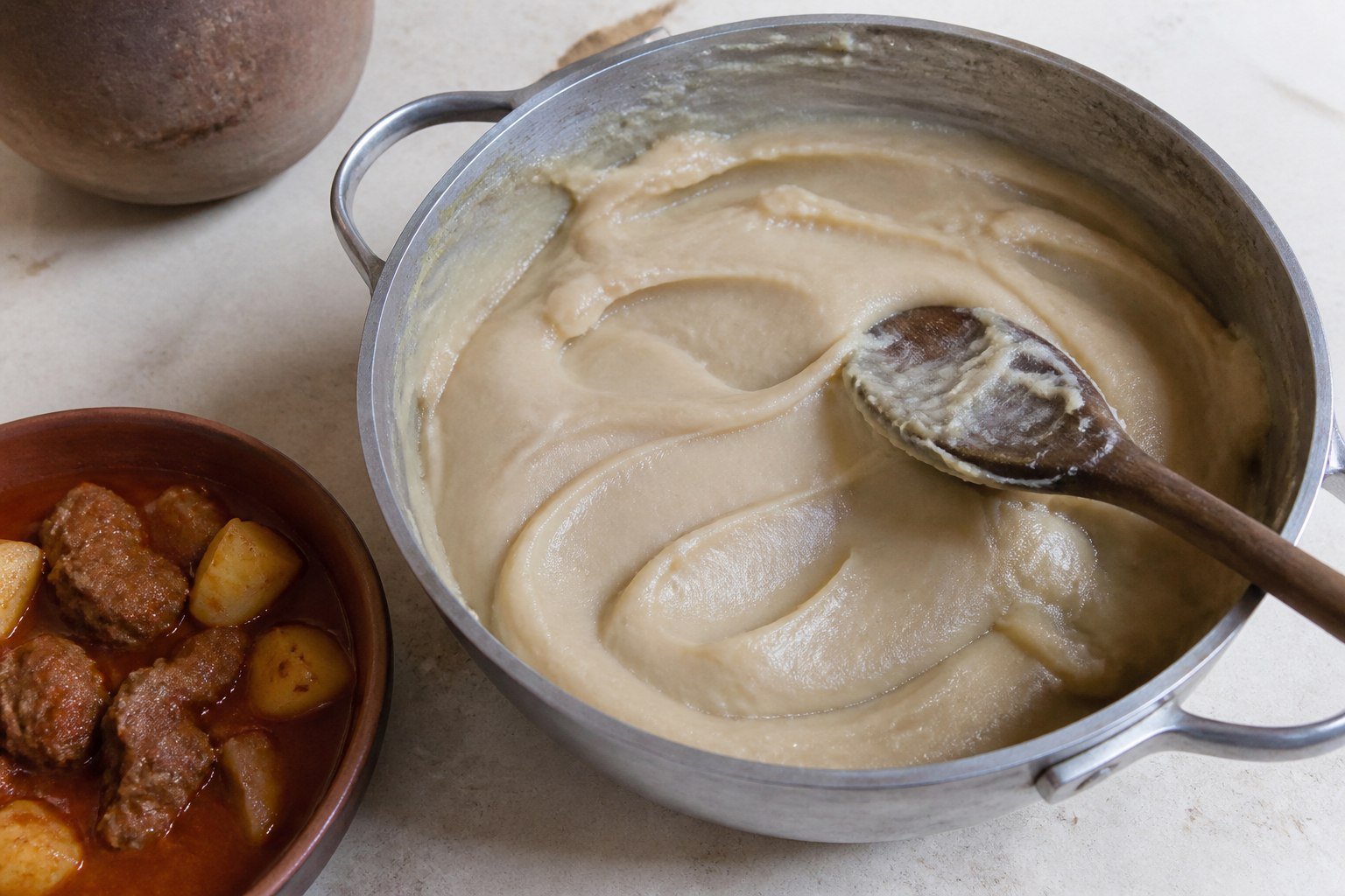 Smooth barley bazin dough in a metal pot beside a bowl of lamb and potato stew.
