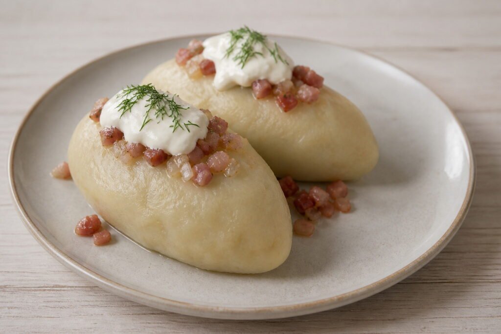 Lithuanian cepelinai topped with bacon and onion beside sour cream.