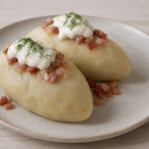 Lithuanian cepelinai topped with bacon and onion beside sour cream.
