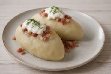 Lithuanian cepelinai topped with bacon and onion beside sour cream.