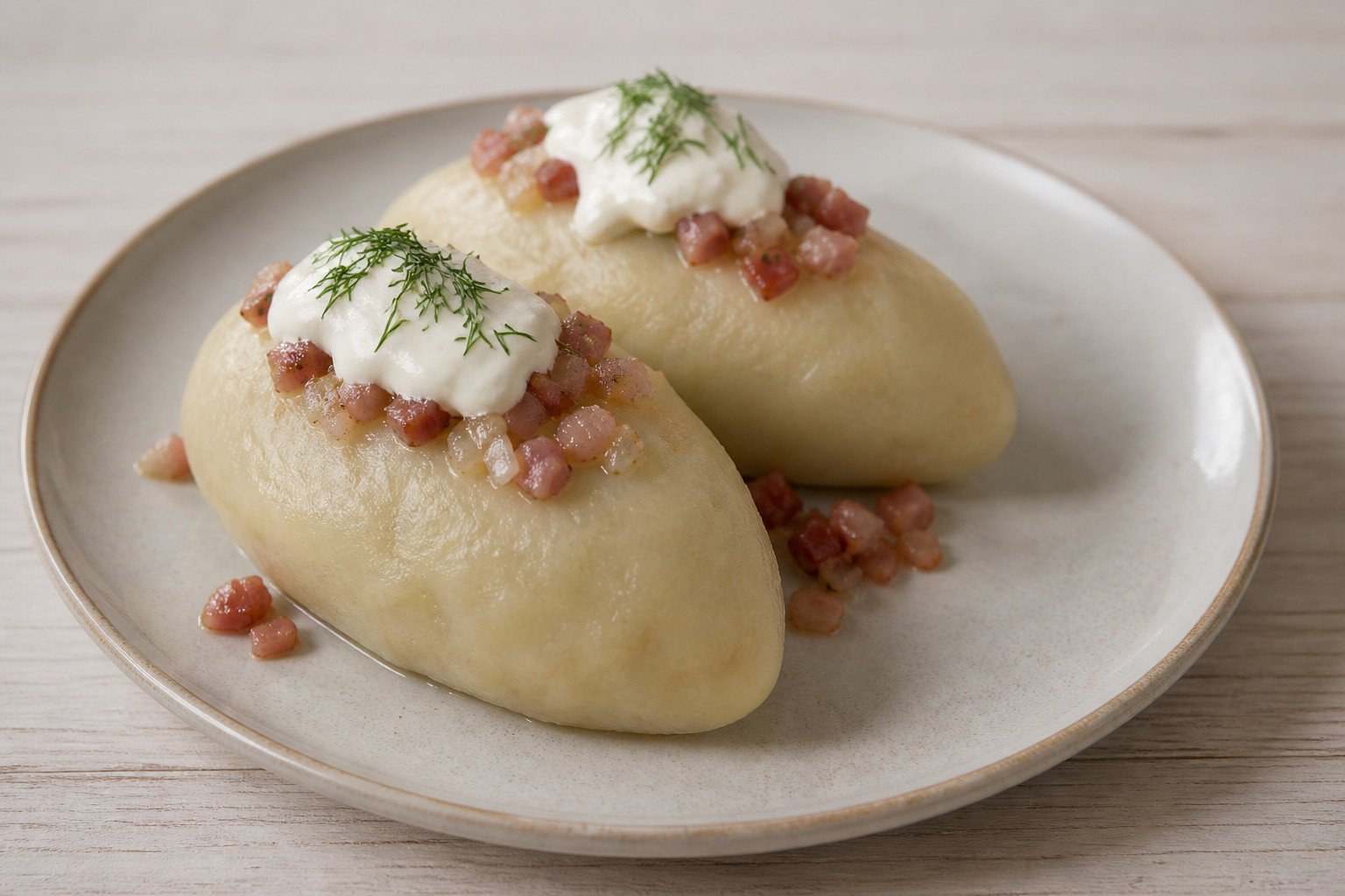 Lithuanian cepelinai topped with bacon and onion beside sour cream.