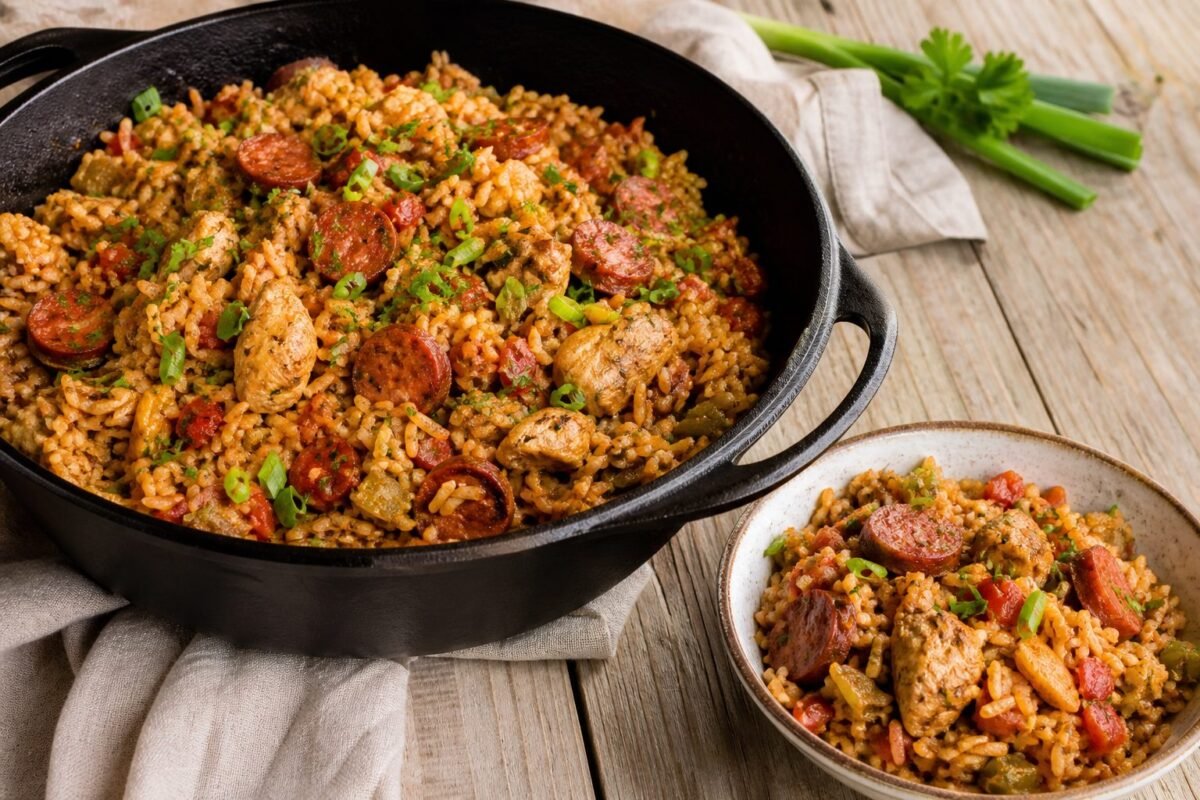 Chicken and sausage jambalaya served in a cast-iron pot with a bowl alongside.