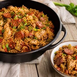 Chicken and sausage jambalaya served in a cast-iron pot with a bowl alongside.