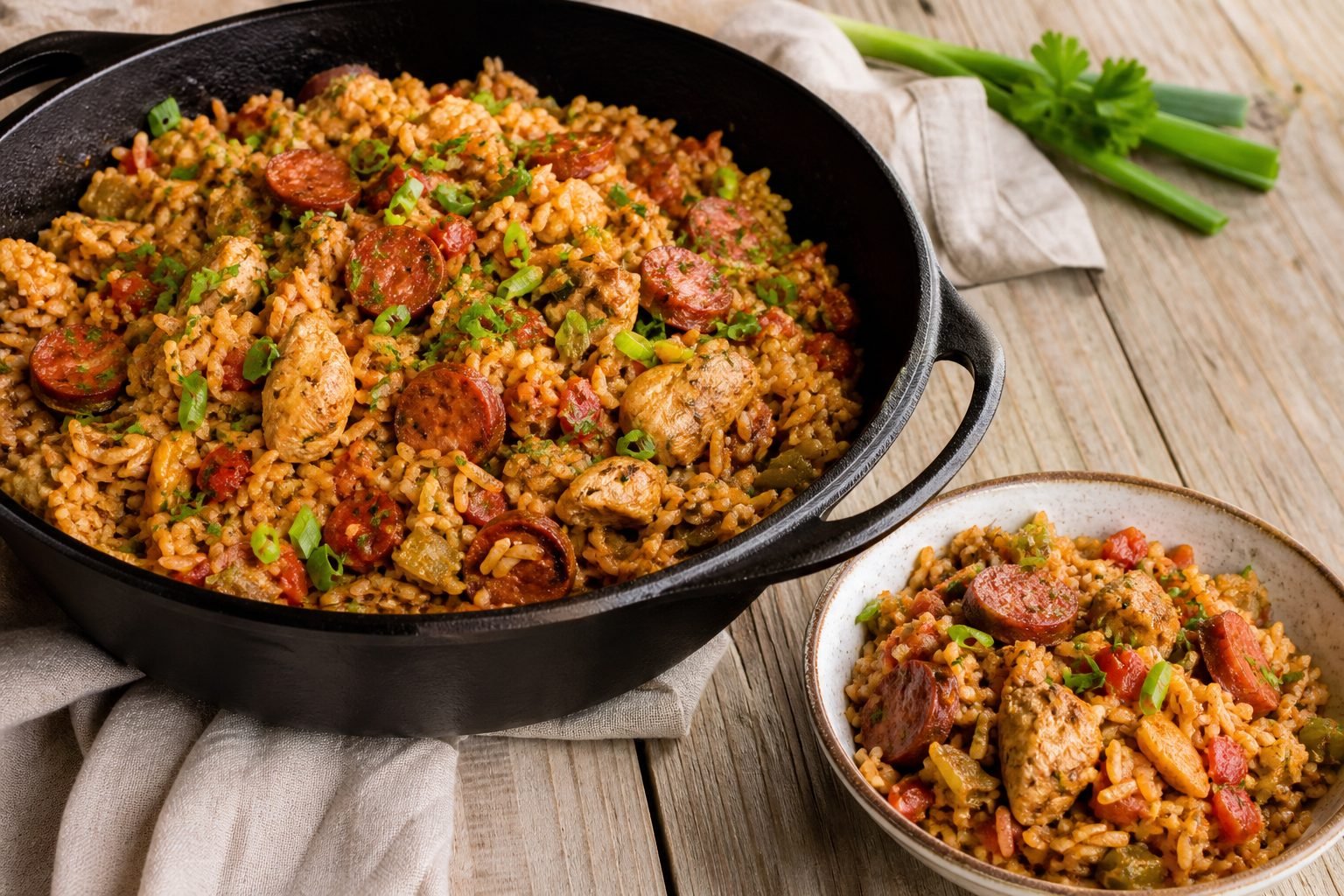 Chicken and sausage jambalaya served in a cast-iron pot with a bowl alongside.