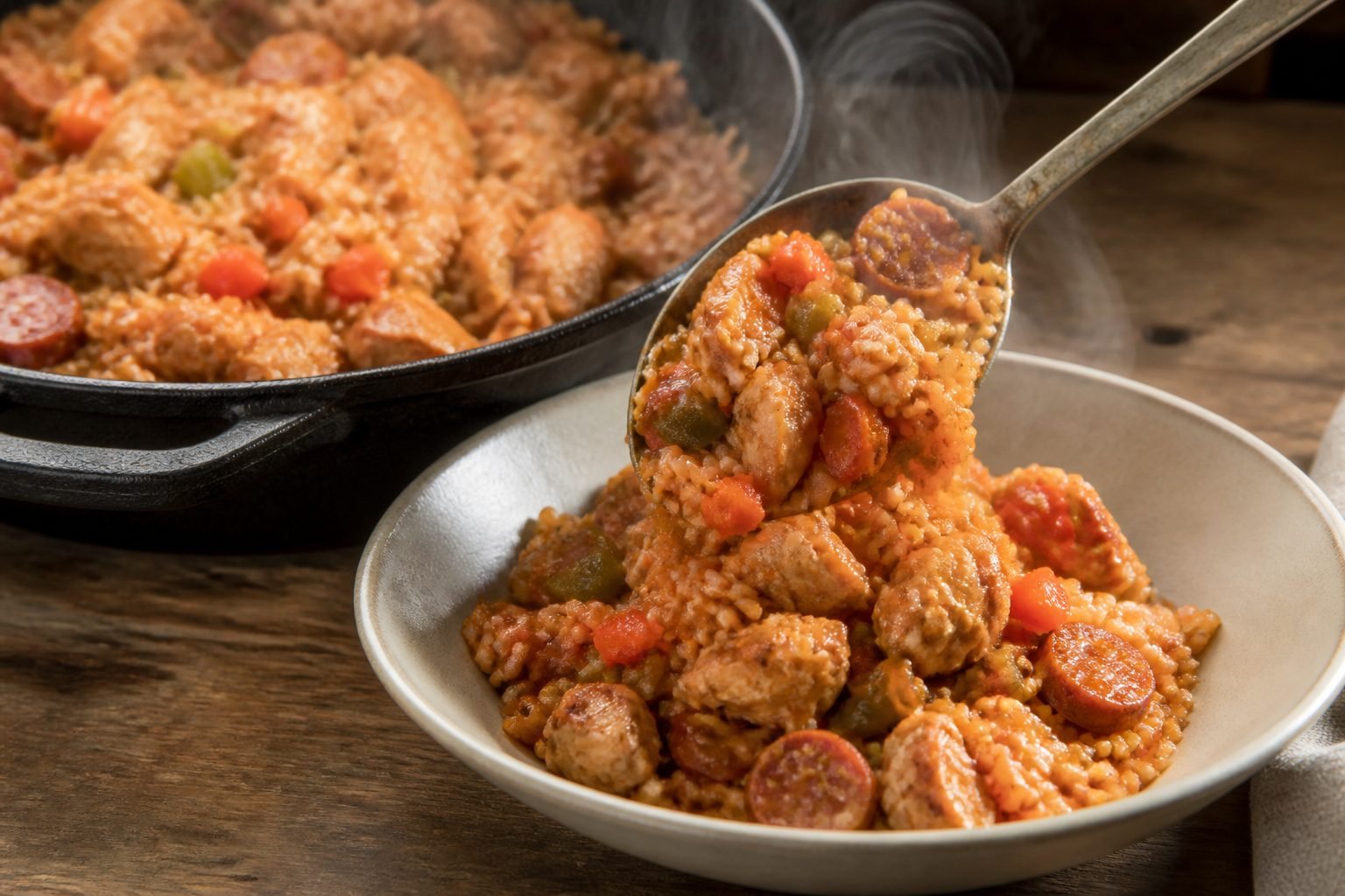 Steaming jambalaya with chicken, sausage, rice, and vegetables being spooned into a bowl.