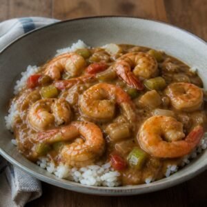 Louisiana shrimp etouffee in a smooth roux sauce served over white rice.