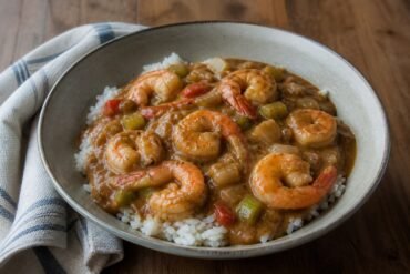 Louisiana shrimp etouffee in a smooth roux sauce served over white rice.