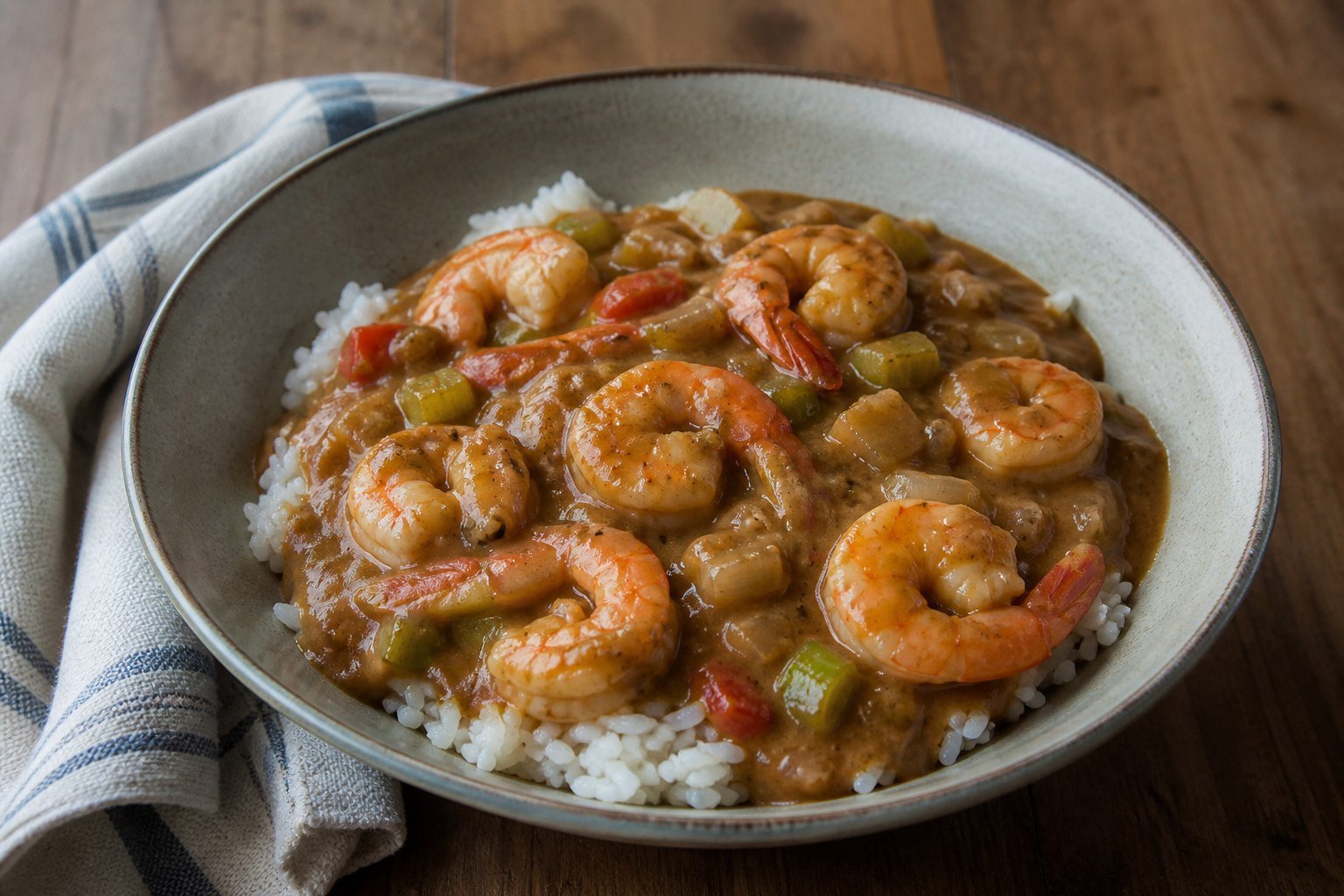 Louisiana shrimp etouffee in a smooth roux sauce served over white rice.