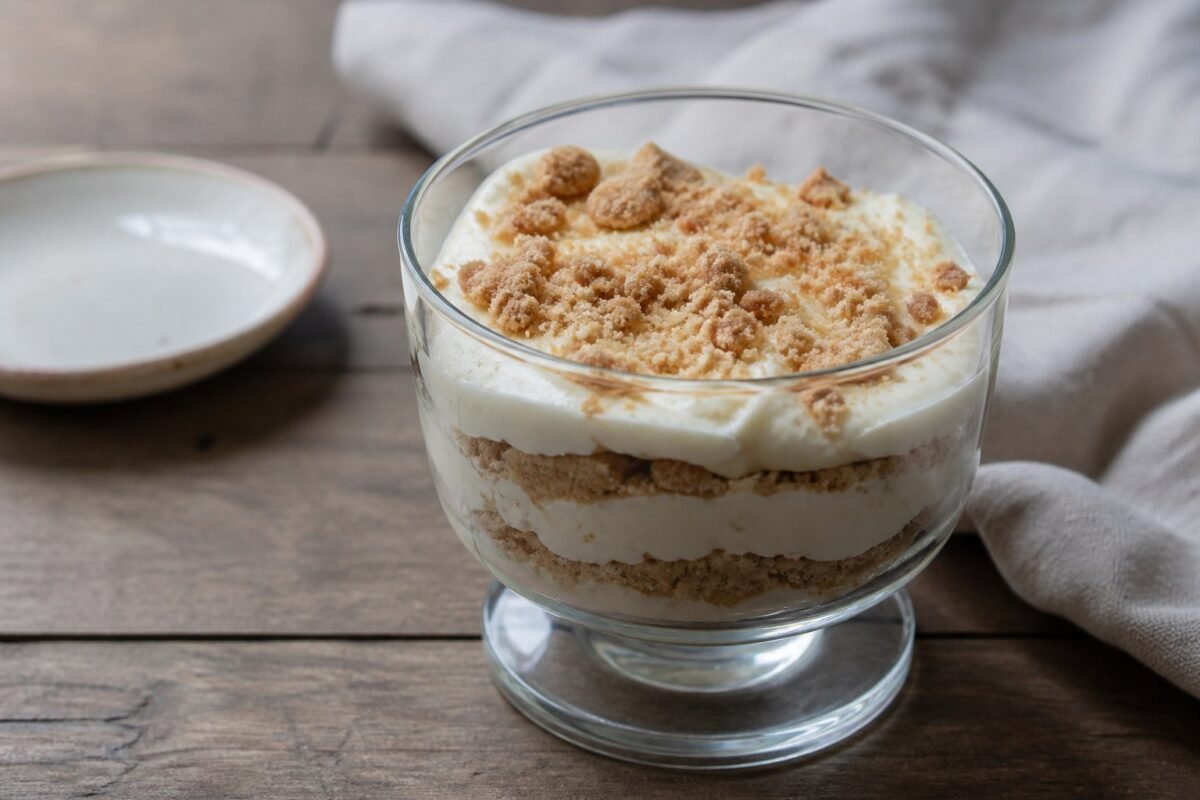 Macanese serradura layered with soft cream and fine biscuit crumbs in a glass.