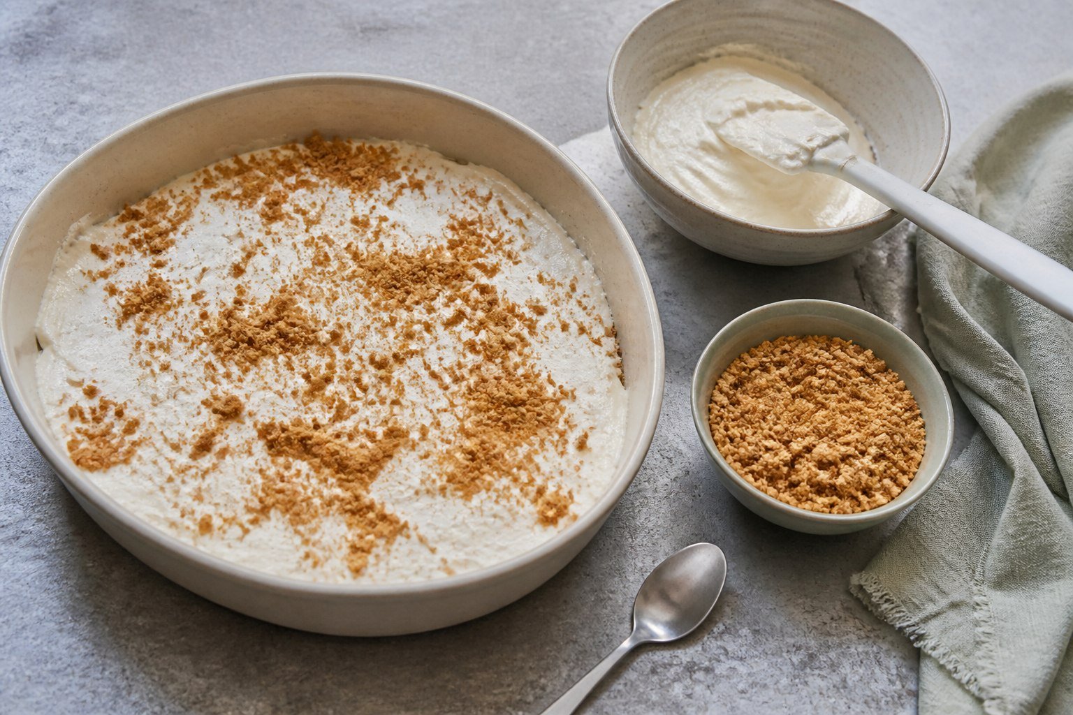 Serradura being assembled with whipped cream and loose biscuit crumbs.