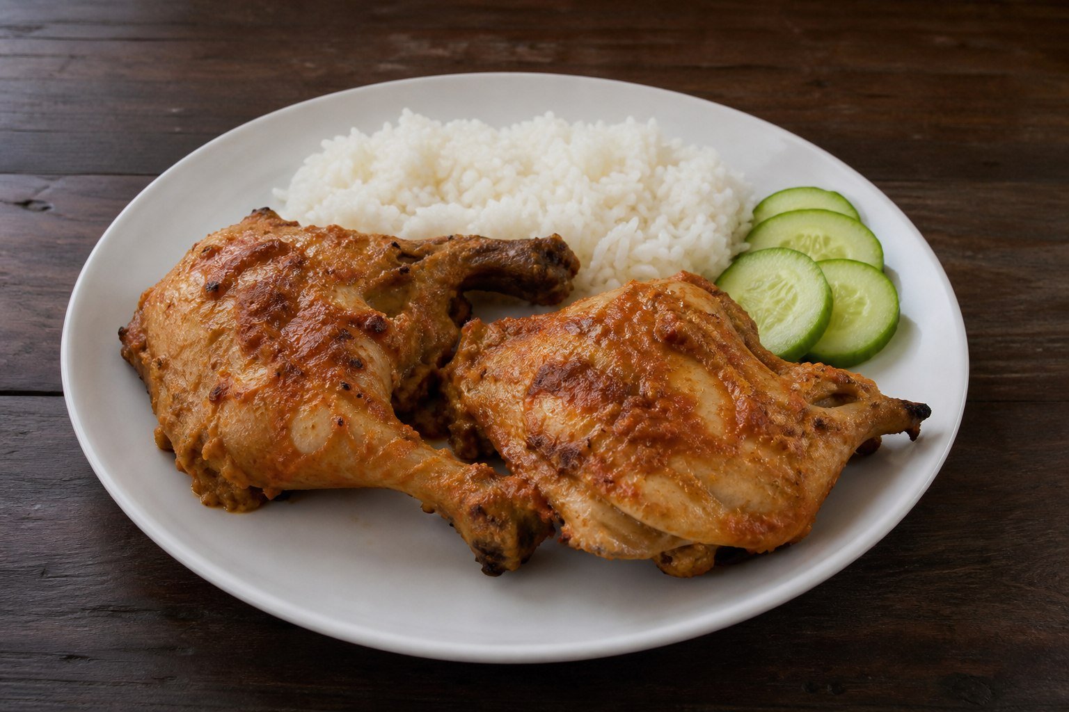 Malaysian ayam percik grilled chicken served with rice and cucumber.