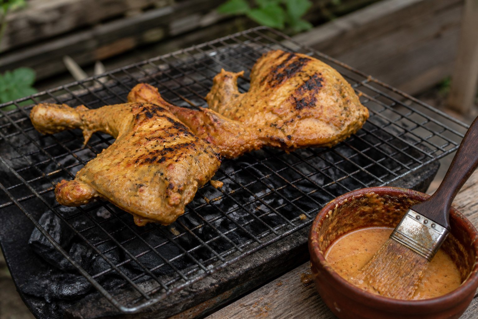 Ayam percik chicken grilling over charcoal beside coconut chile sauce.
