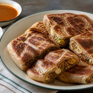 Malaysian murtabak filled with spiced beef, egg, onion, and scallions.