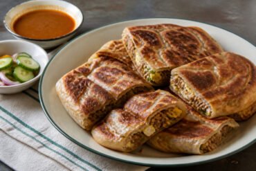 Malaysian murtabak filled with spiced beef, egg, onion, and scallions.