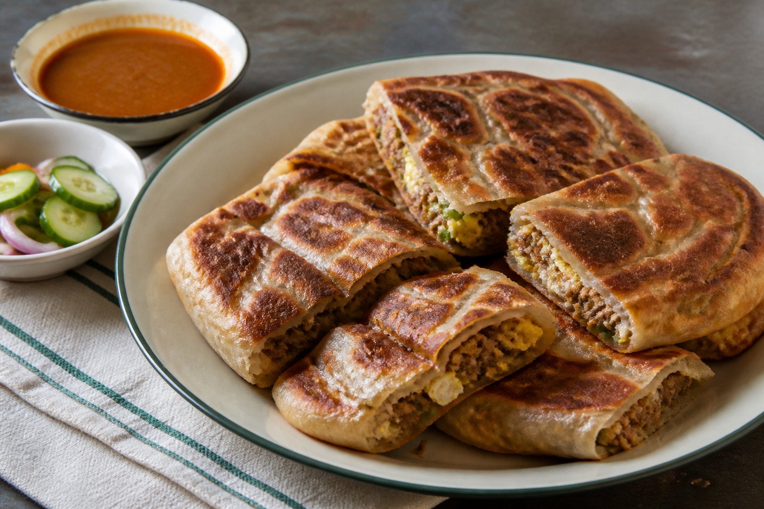 Malaysian murtabak filled with spiced beef, egg, onion, and scallions.