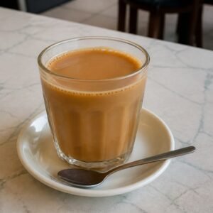 Glass of Malaysian teh tarik pulled milk tea on a kopitiam-style table.