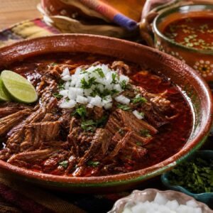 Mexican birria with tender beef, red chile consommé, onion, cilantro, and lime.