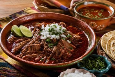 Mexican birria with tender beef, red chile consommé, onion, cilantro, and lime.