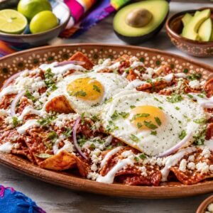 Mexican chilaquiles rojos with red salsa, fried eggs, crema, queso fresco, and avocado.
