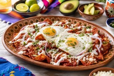 Mexican chilaquiles rojos with red salsa, fried eggs, crema, queso fresco, and avocado.