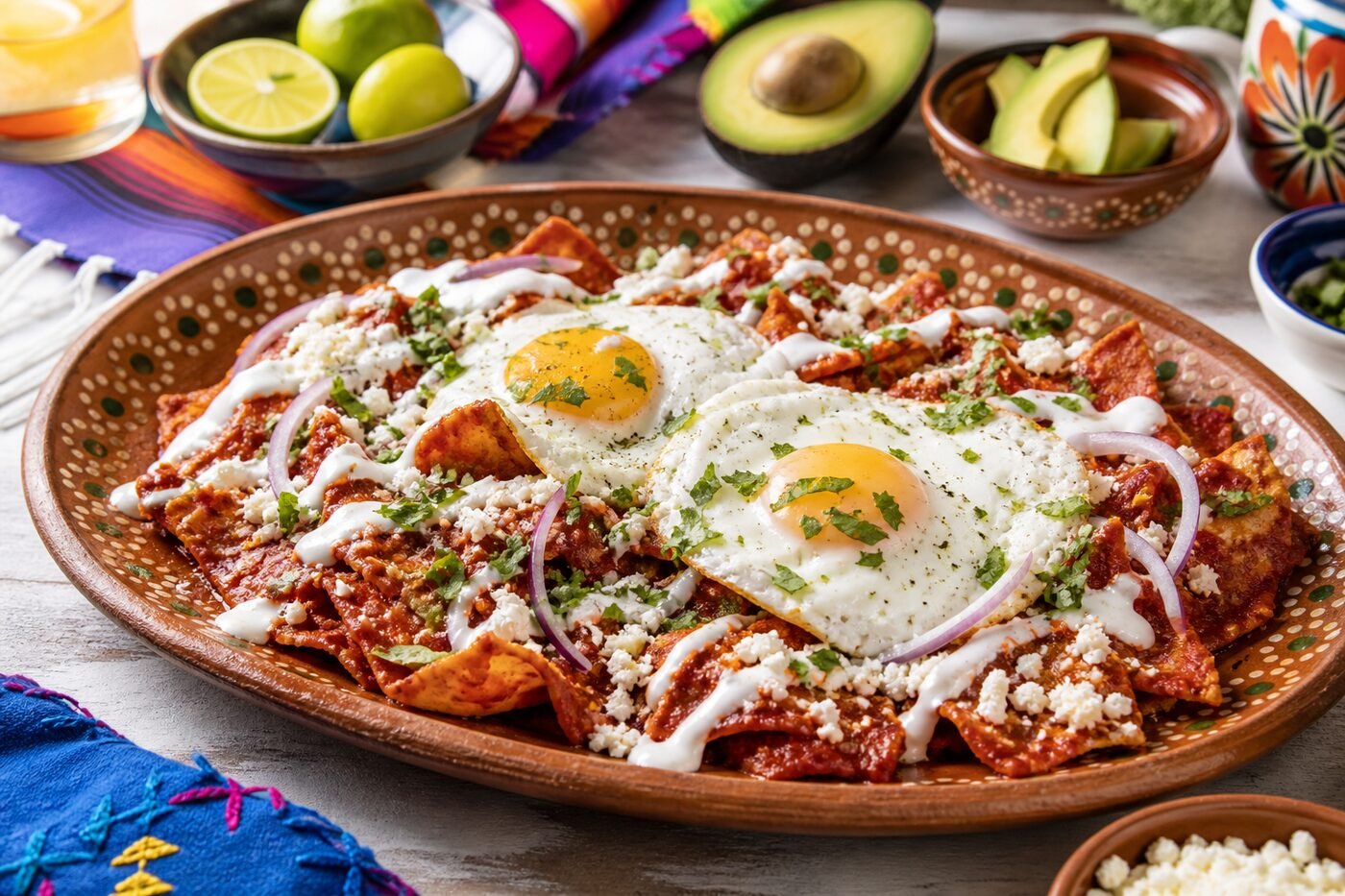 Mexican chilaquiles rojos with red salsa, fried eggs, crema, queso fresco, and avocado.