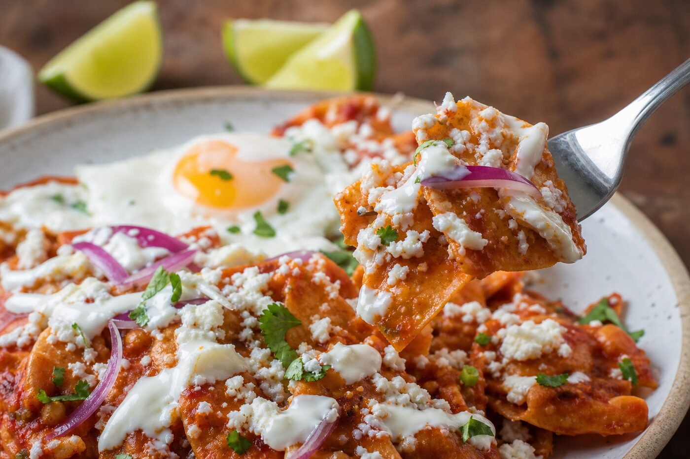 A fork lifting saucy tortilla chips with queso fresco, crema, onion, and cilantro.