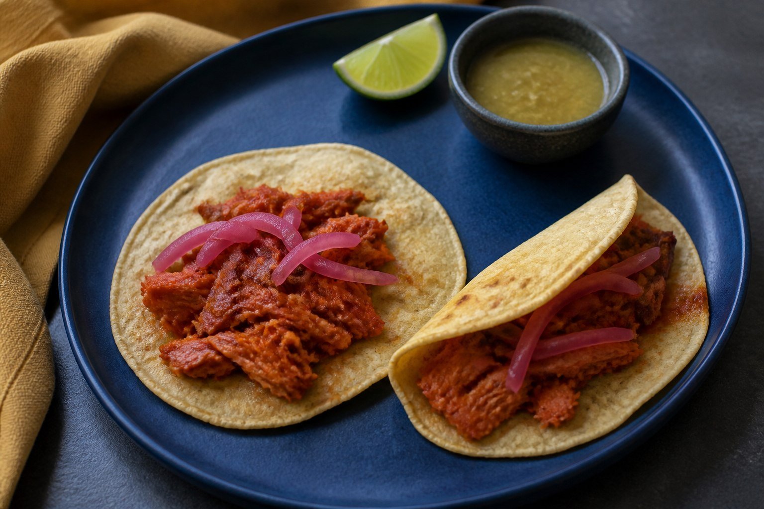 Two corn tacos filled with achiote-braised cochinita pibil and pickled red onion.