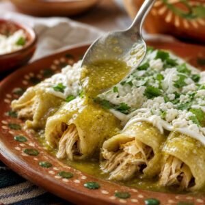 Mexican chicken enchiladas verdes covered in tomatillo sauce, crema, queso fresco, and cilantro.