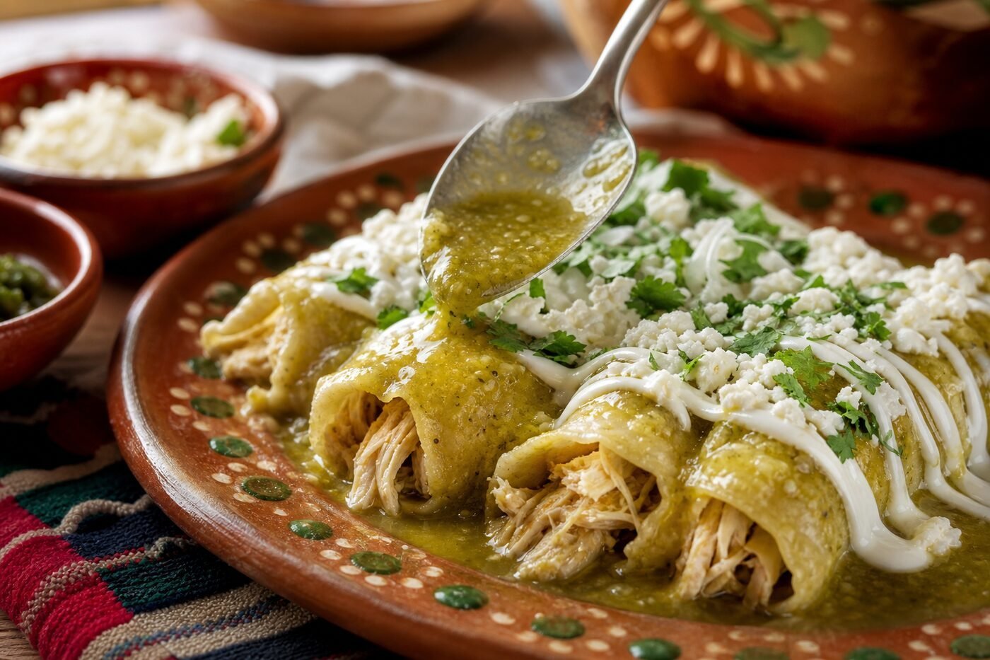 Mexican chicken enchiladas verdes covered in tomatillo sauce, crema, queso fresco, and cilantro.