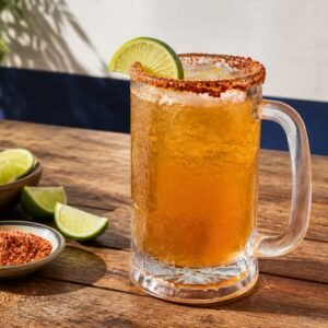 Chilled Mexican michelada with lime and a red chile-salt rim.