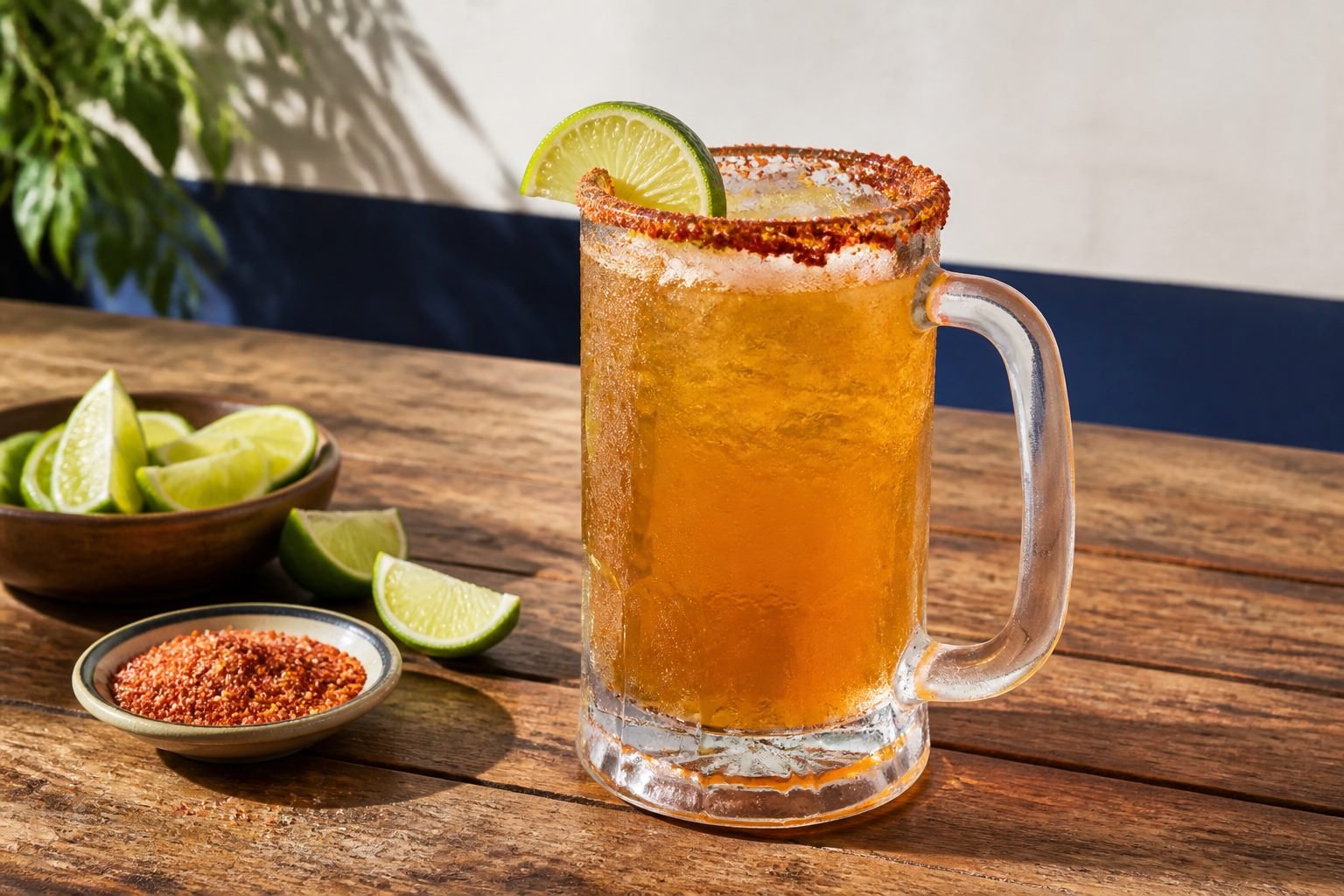 Chilled Mexican michelada with lime and a red chile-salt rim.
