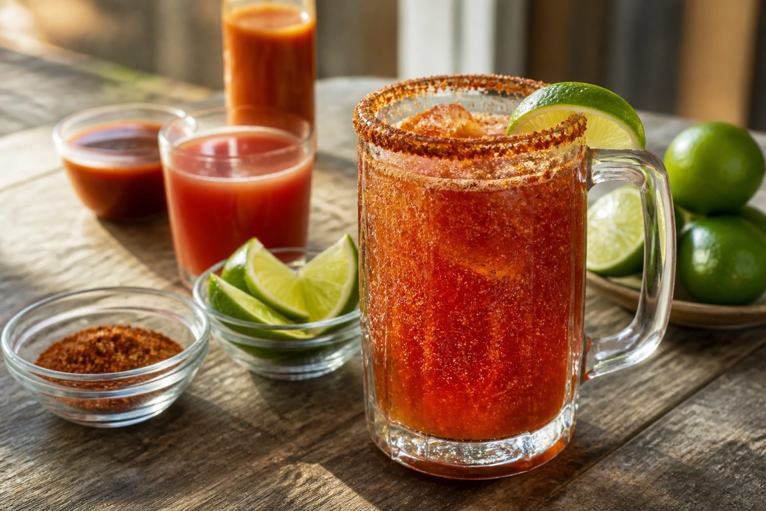Reddish michelada beside lime, tomato juice, hot sauce, and chile salt.