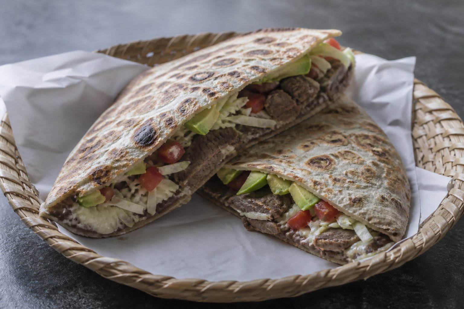 Folded Mexican tlayuda wedges filled with beans, cheese, vegetables, and grilled beef.