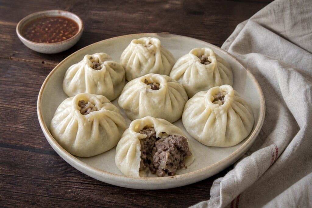 Steamed Mongolian buuz dumplings filled with beef and lamb.