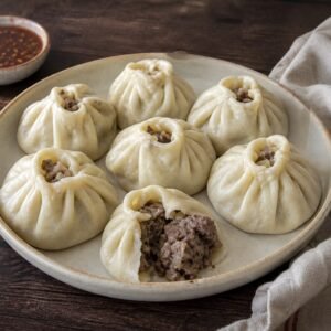 Steamed Mongolian buuz dumplings filled with beef and lamb.