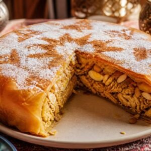 A golden Moroccan chicken bastilla with a sliced wedge, powdered sugar, cinnamon, and almonds.