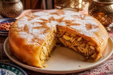 A golden Moroccan chicken bastilla with a sliced wedge, powdered sugar, cinnamon, and almonds.
